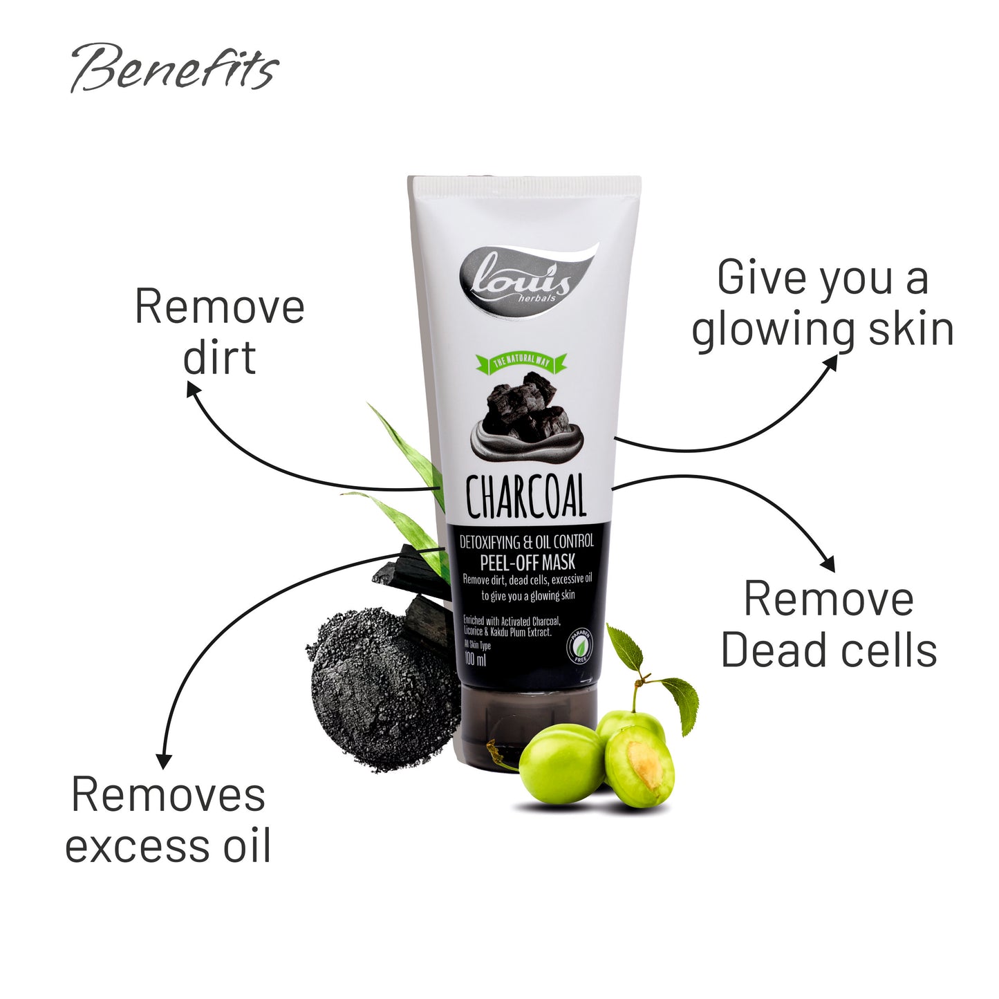 Louis Herbals Charcoal Peel-Off Mask showing reduced oiliness, blackheads removal, and glowing skin