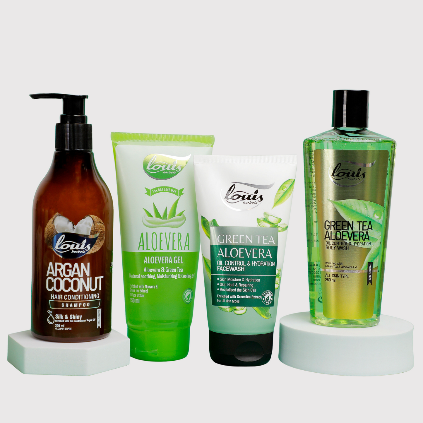 A set of Four bottles of Louis Herbals Daily Nourishing Combo – Green Tea Aloe Vera Oil Control & Hydration Body Wash, Aloevera Gel, Argan Coconut Hair Conditioning Shampoo & Green Tea Aloe Vera Oil Control & Hydration Facewash