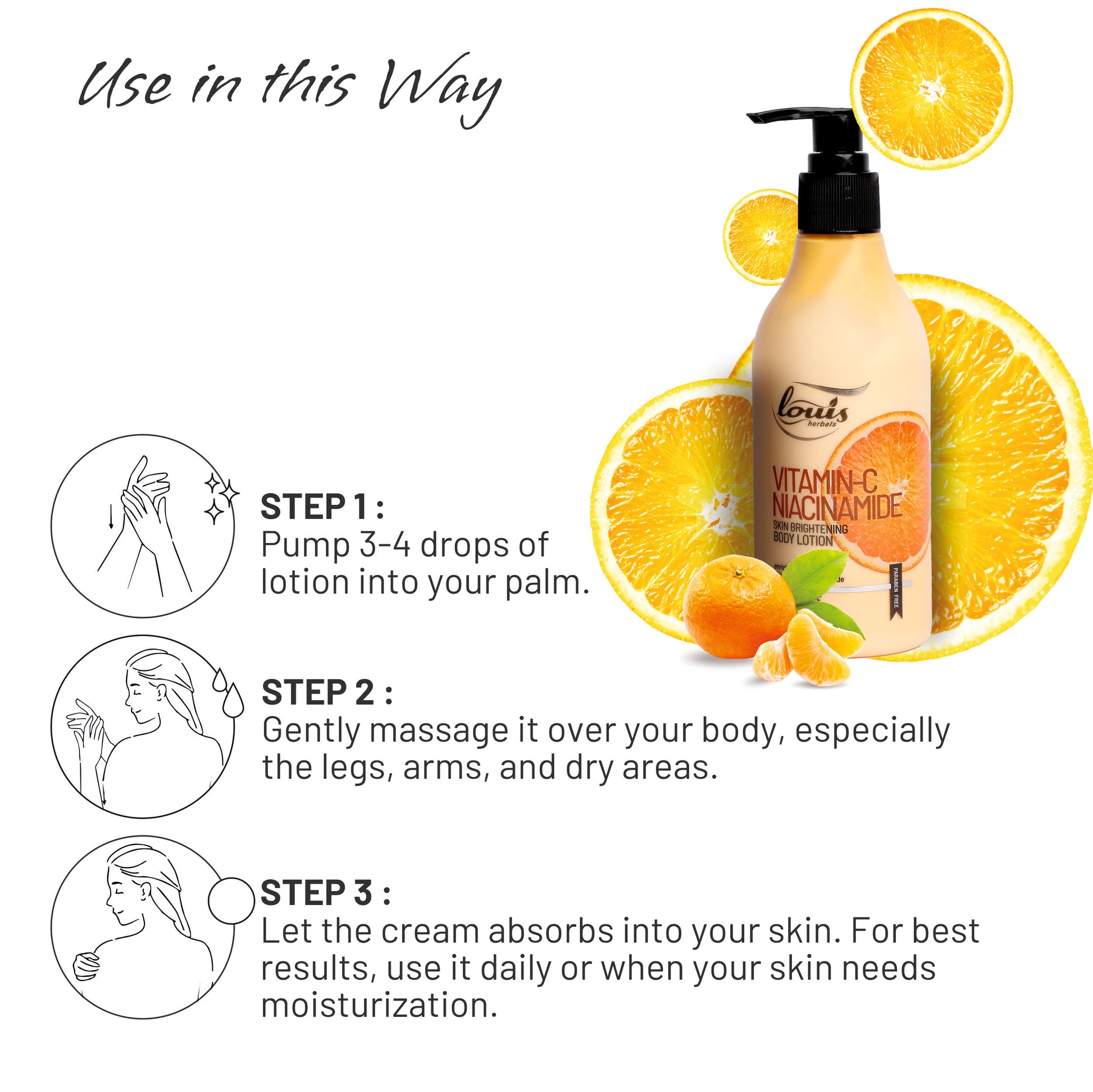 Louis Herbals Vitamin C Niacinamide Skin Brightening Body Lotion 300 ml – aloe vera extract, licorice extract, 3-O ethyl ascorbic acid for luminous skin