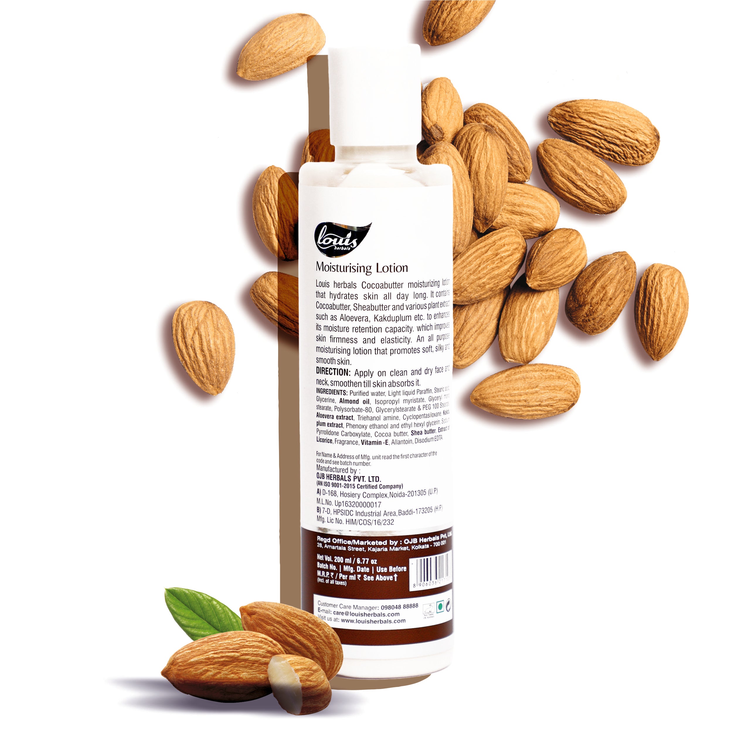 Louis Herbals Almond Cocoa Butter Moisturising Lotion packaging displaying product details and usage instructions