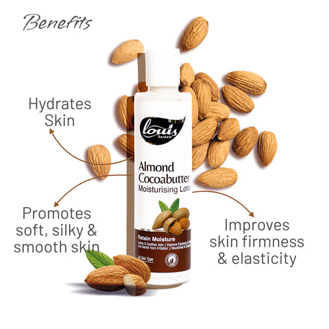 Benefits of using Louis Herbals Almond Cocoa Butter Moisturising Lotion: deeply hydrates, enhances skin elasticity, and promotes soft, smooth skin