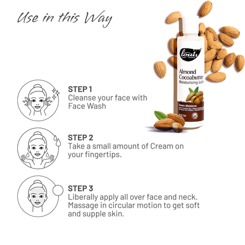 How to use Louis Herbals Almond Cocoa Butter Moisturising Lotion: apply evenly on face and body after cleansing for best results