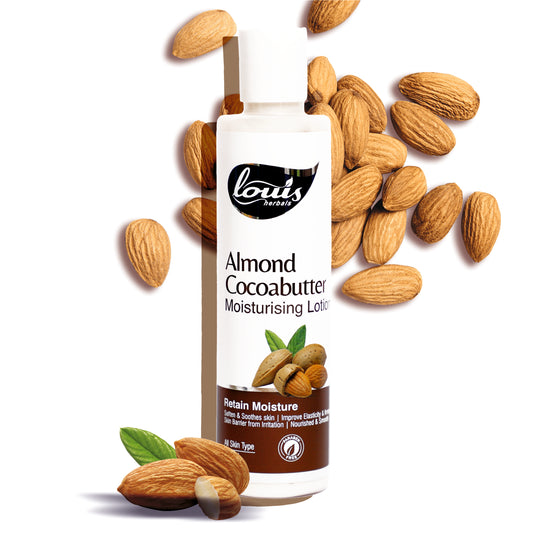 Louis Herbals Almond Cocoa Butter Moisturising Lotion with cocoa butter, shea butter, aloe vera, and kakadu plum extracts for deep hydration and skin nourishment