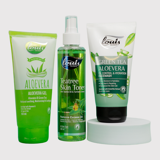 Louis Herbals Anti Acne Pimple Care Combo product for dry skin with Aloe Vera Gel, Tea Tree Skin Toner, and Green Tea Aloe Vera Oil Control Facewash