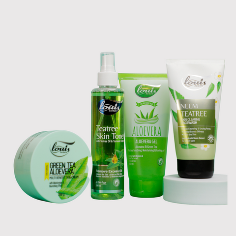 Louis Herbals Anti Acne Pimple Care Combo for Oily Skin – Neem Tea Tree Face Wash, Tea Tree Skin Toner, Aloe Vera Gel & Green Tea Aloe Vera Skin Cream