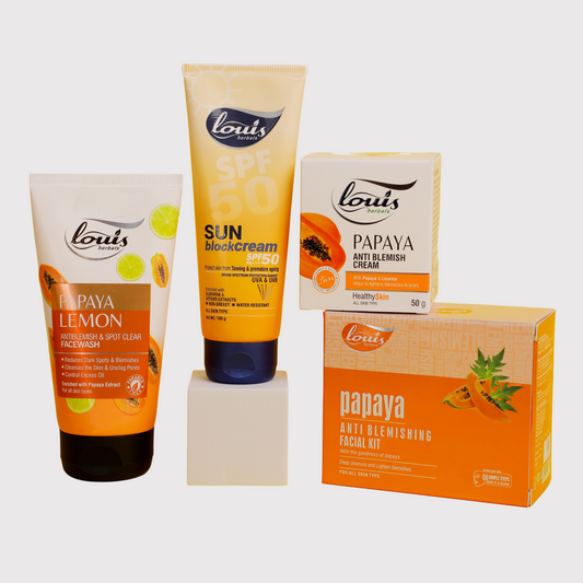 Louis Herbals Blemish Care Combo Dry Skin – anti-blemish facewash, liquid aloe vera gel, tan-removing ubtan scrub, papaya cream for dark spots