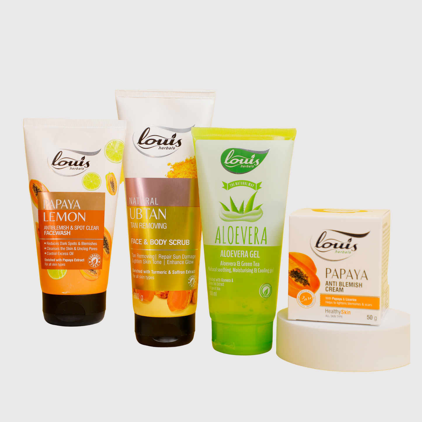 Louis Herbals Blemish Care Combo for Oily Skin – Papaya Lemon Anti-Blemish Facewash, Natural Ubtan Tan Removing Scrub, Aloe Vera Gel, Papaya Anti-Blemish Cream