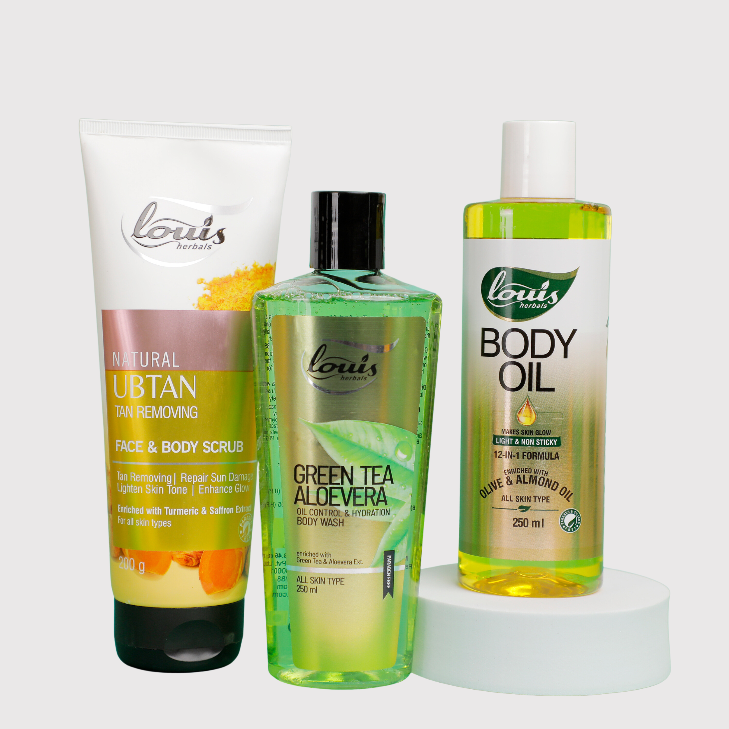 A set of Louis Herbals De-tan body care products including Louis Herbals Tan‑Removing BodyCare Combo – includes Natural Ubtan Face & Body Scrub, Green Tea Aloe Vera Oil‑Control & Hydration Body Wash, and Brightening Body Oil