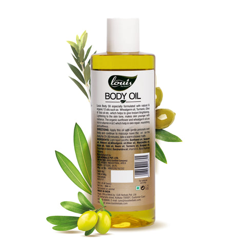 Louis Herbals Body Oil packaging highlighting natural and organic ingredients