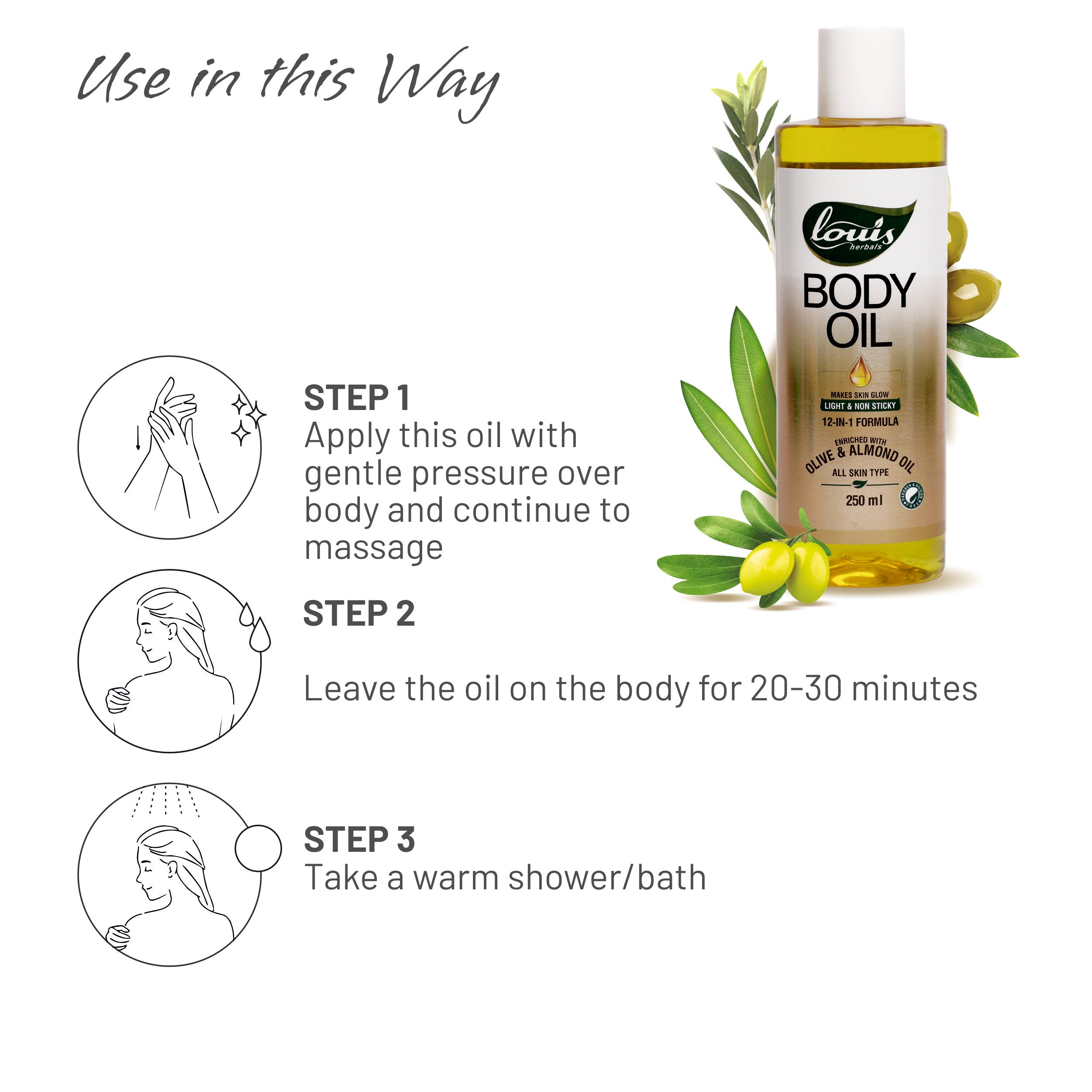 How to use Louis Herbals Body Oil – apply to body, massage gently, and leave on for 20–30 minutes before rinsing