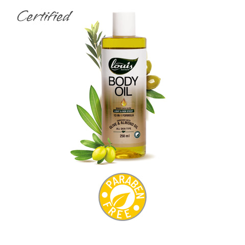 Louis Herbals Body Oil certifications – free from parabens, suitable for all skin types, dermatologically tested