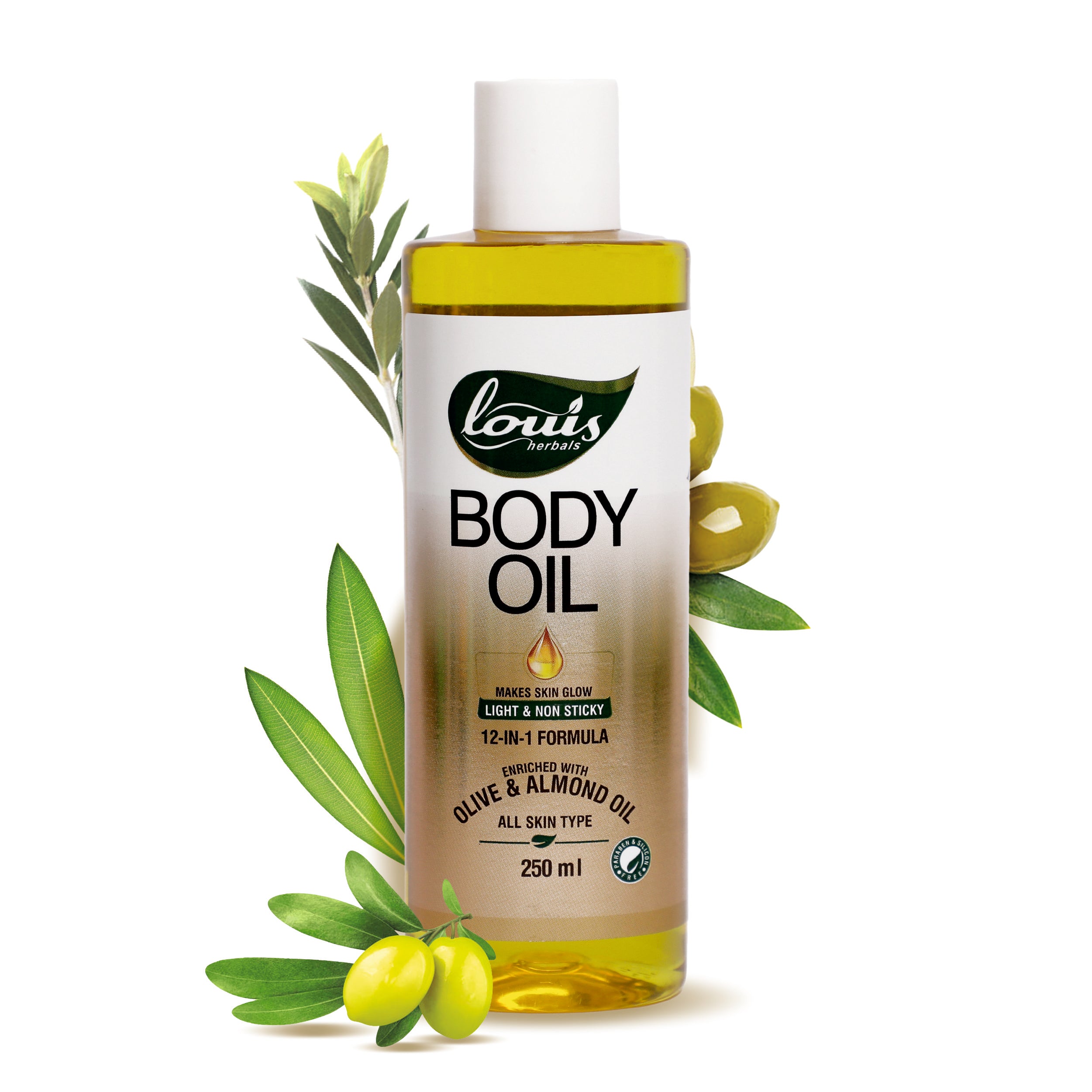 Louis Herbals Body Oil bottle with natural oils for skin nourishment