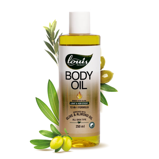Louis Herbals Body Oil bottle with natural oils for skin nourishment