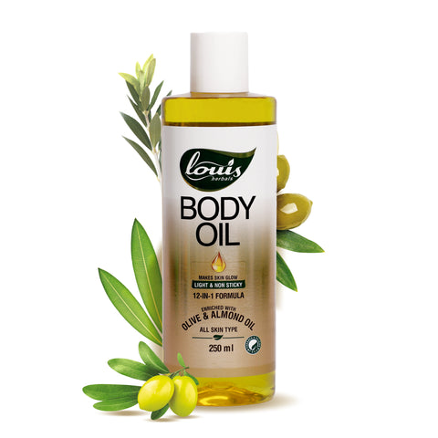 Louis Herbals Body Oil bottle with natural oils for skin nourishment