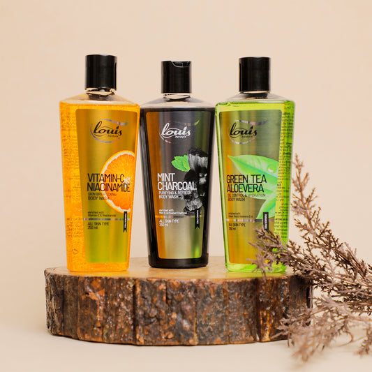 Three bottles of Louis Herbals Body Wash Combo – Vitamin C Brightening, Green Tea Aloe Hydration & Mint Charcoal Purifying Body Washes