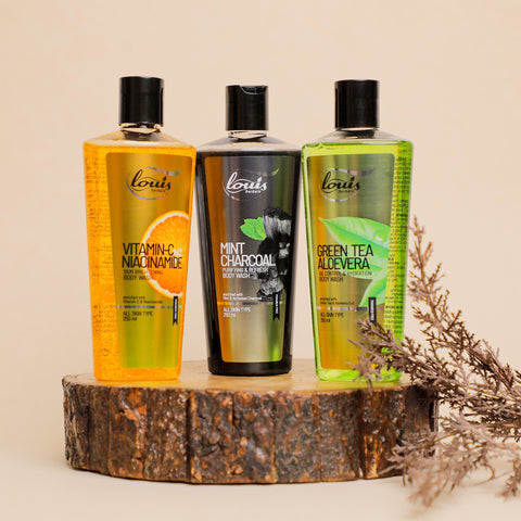 Three bottles of Louis Herbals Body Wash Combo – Vitamin C Brightening, Green Tea Aloe Hydration & Mint Charcoal Purifying Body Washes