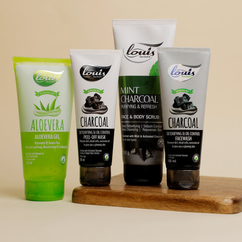 Louis Herbals Charcoal Care Combo – detoxifying activated charcoal face wash, peel-off mask, mint charcoal scrub and aloe vera gel for radiant skin