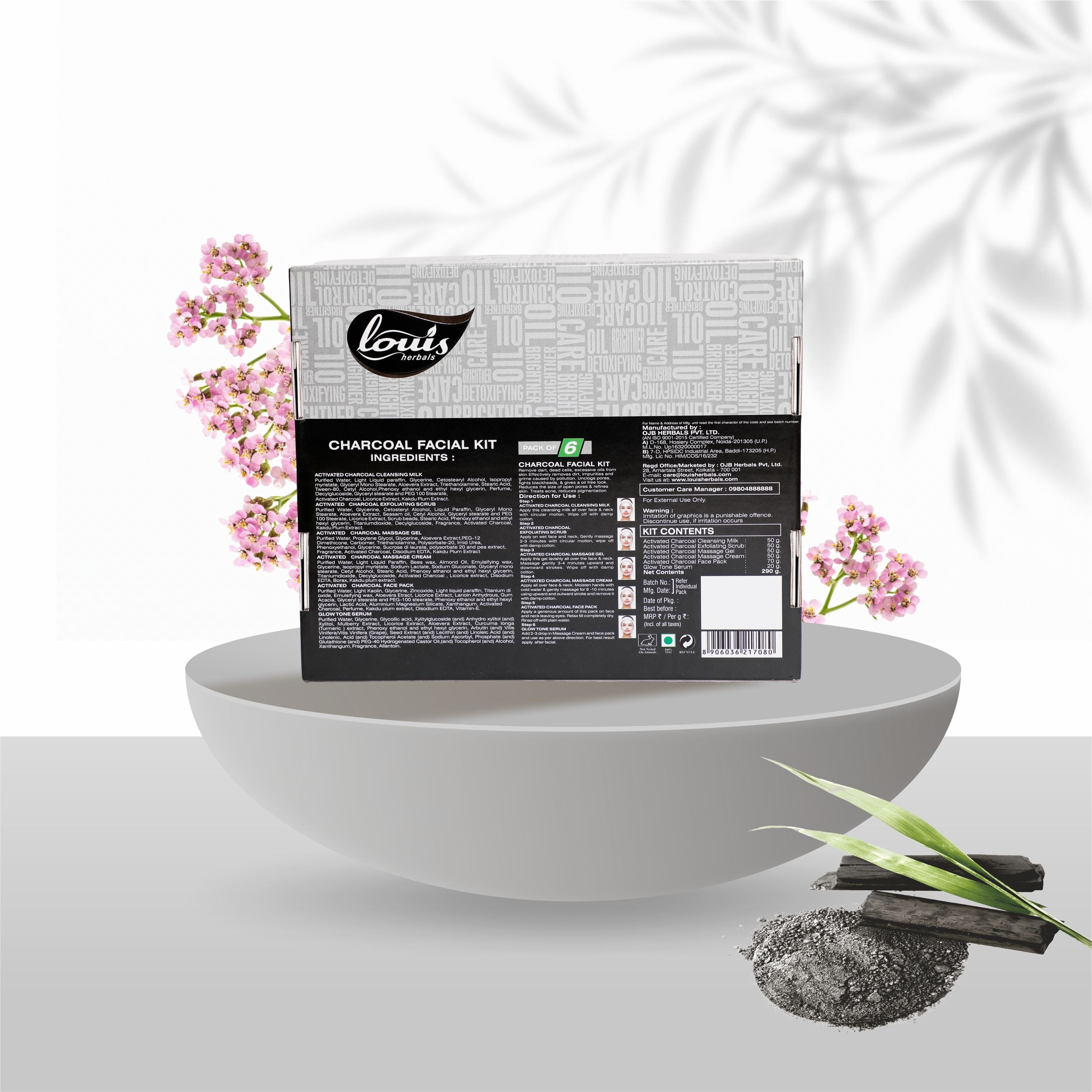 Louis Herbals Charcoal Detoxifying & Oil Control Facial Kit usage instructions – step-by-step guide for deep cleansing, exfoliation, massage, and detox