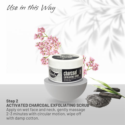 Louis Herbals Activated Charcoal Exfoliating Scrub usage – gently massage scrub in circular motion to remove dead skin and unclog pores for deep cleansing”