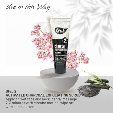 Herbal charcoal facial kit application – Use charcoal face scrub, gently massage to exfoliate and remove impurities
