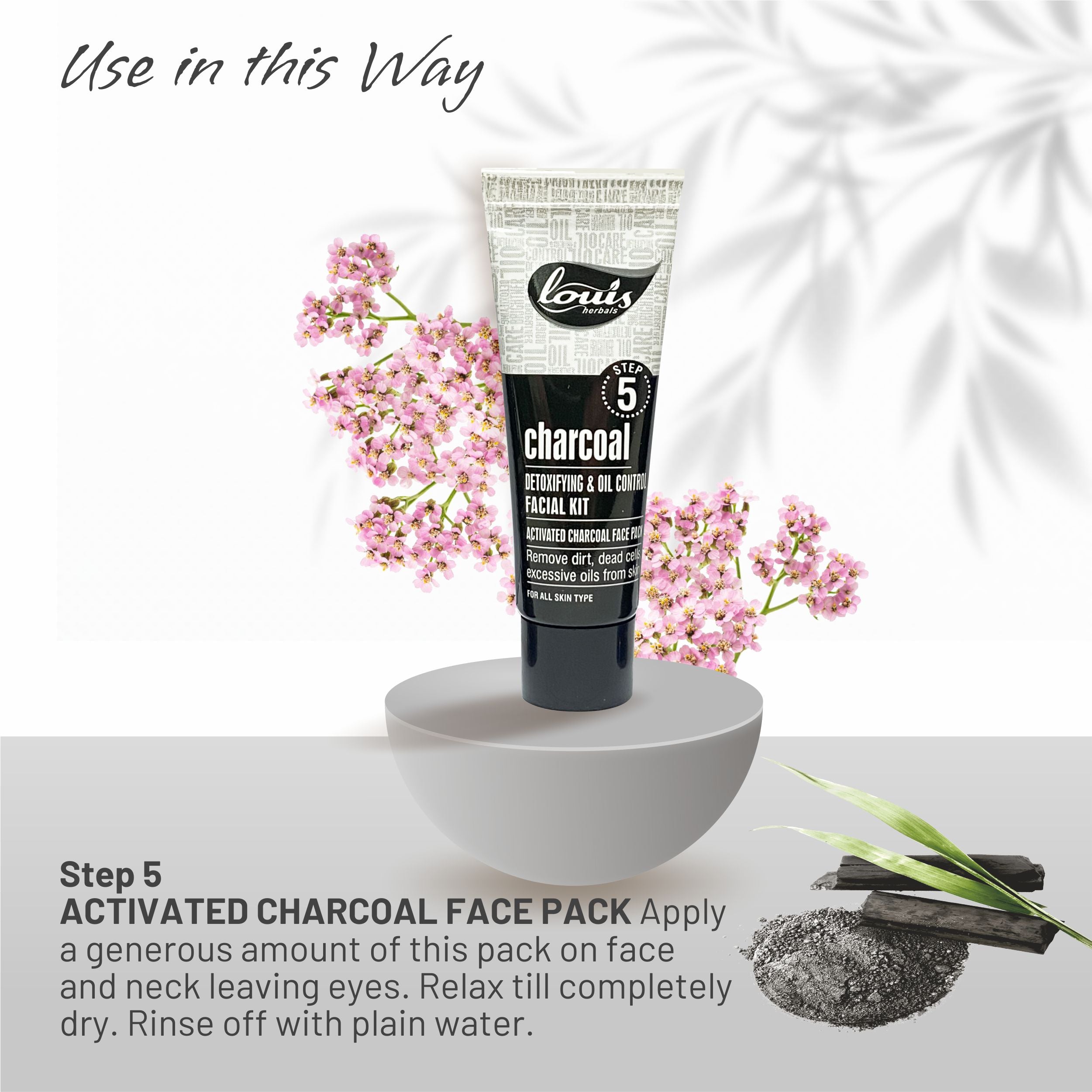 Louis Herbals herbal charcoal facial kit apply even layer of charcoal face pack, leave 10–15 mins, rinse with water for purified skin