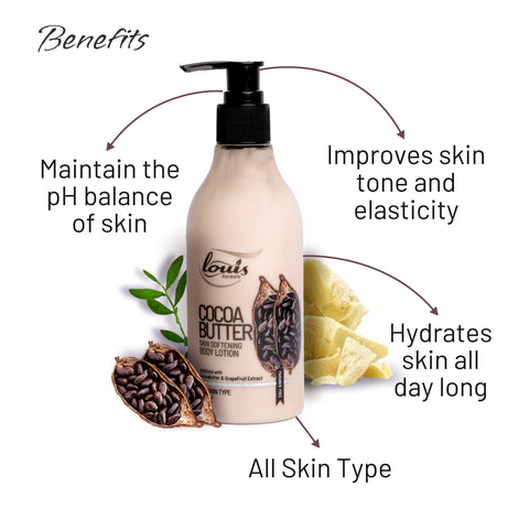 Cocoa Butter Skin Softening Body Lotion benefits – Hydrates skin, maintains pH balance, and improves skin tone and elasticity. Suitable for all skin type