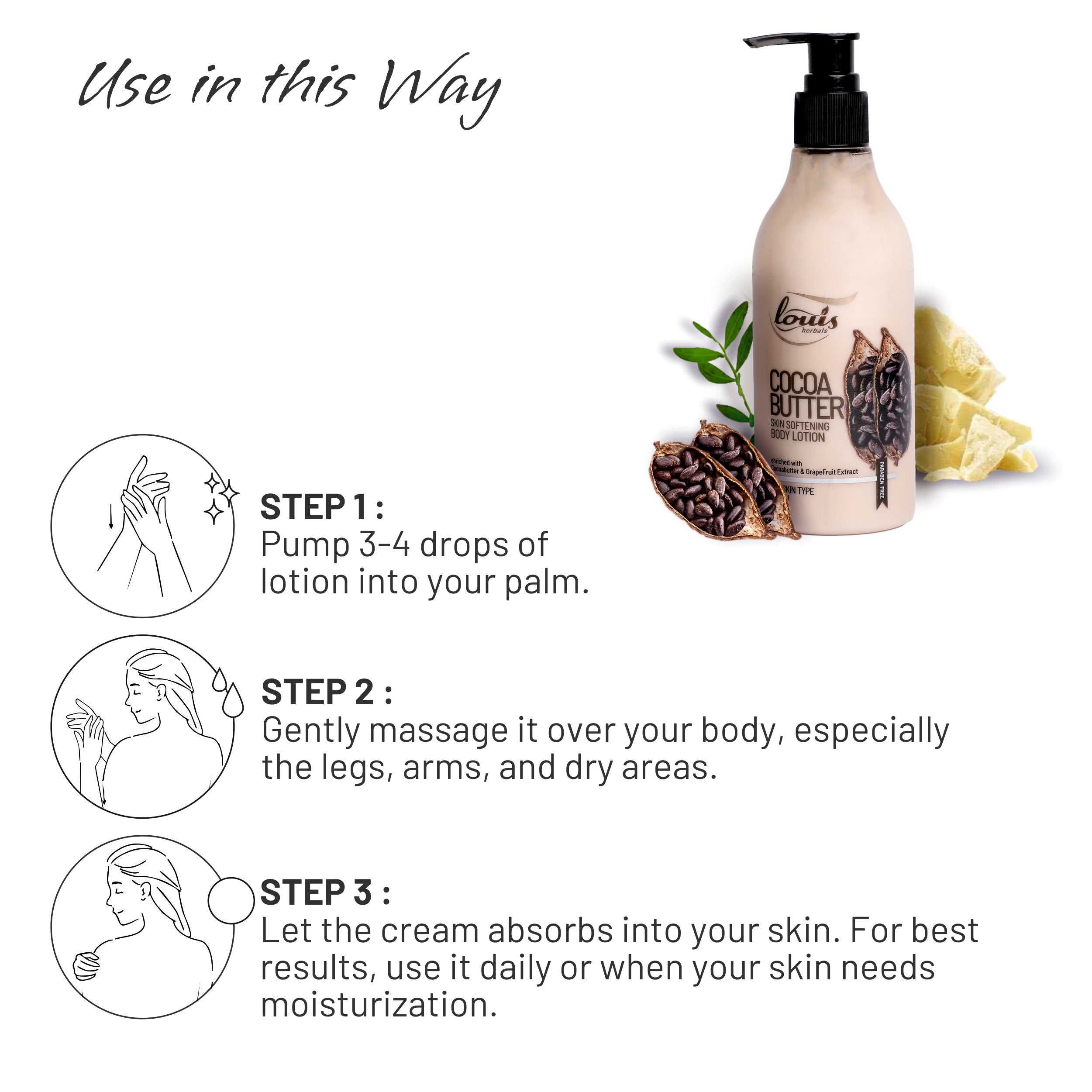 Using Instruction of Louis Herbals Cocoa Butter Skin Softening Body Lotion application – Applying lotion for smooth and nourished skin
