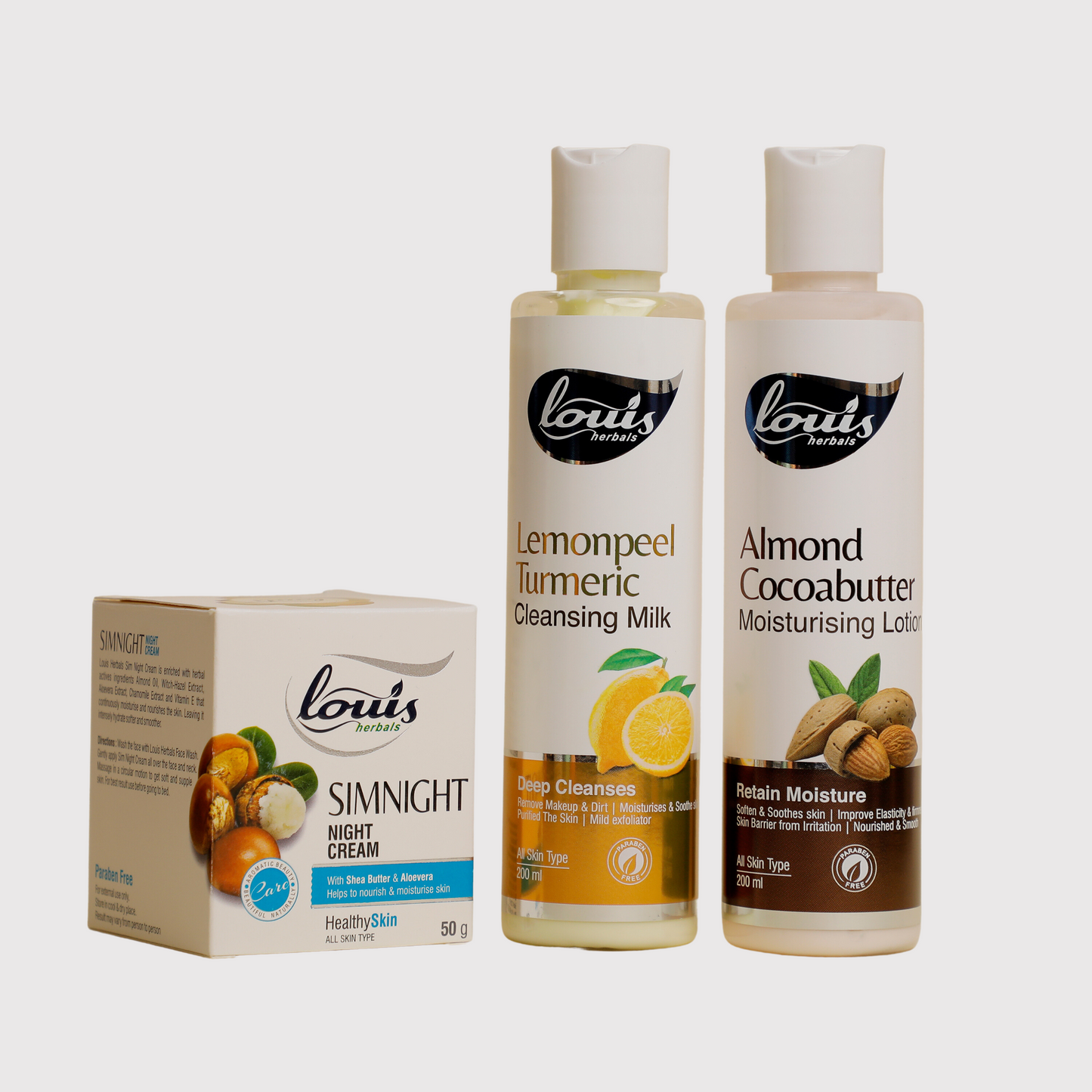 Louis Herbals Face Care Combo – Lemonpeel Turmeric Cleansing Milk, Sim Night Cream, Almond Cocoa Butter Moisturising Lotion for soft glowing skin