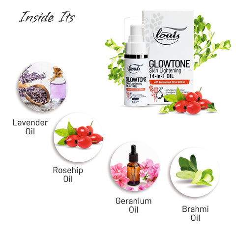 Glowtone skin lightening oil with ingredients like lavender, rosehip, geranium, and brahmi