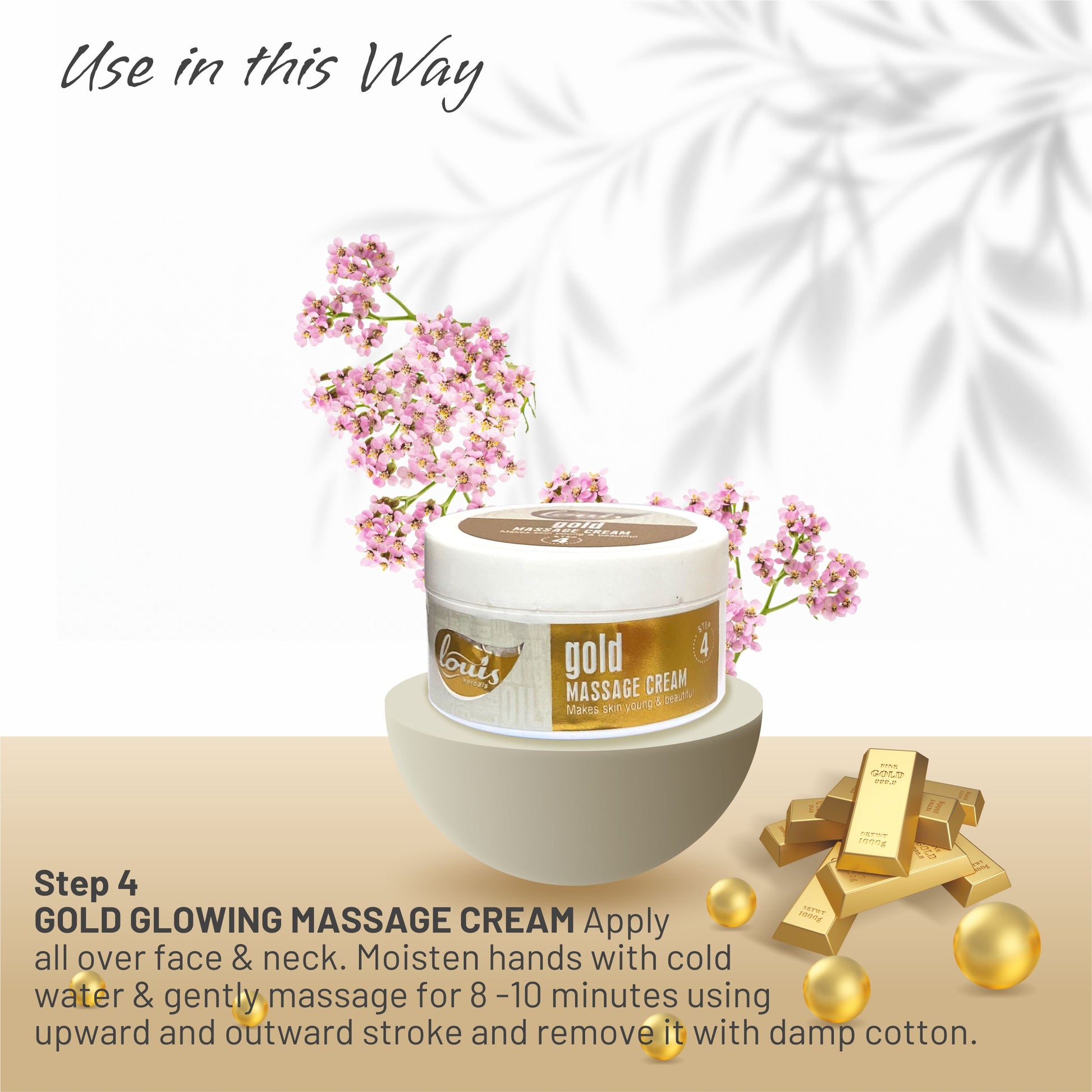 Louis Herbals Gold Facial Kit step 4 gold glowing massage cream reduces fine lines & dullness