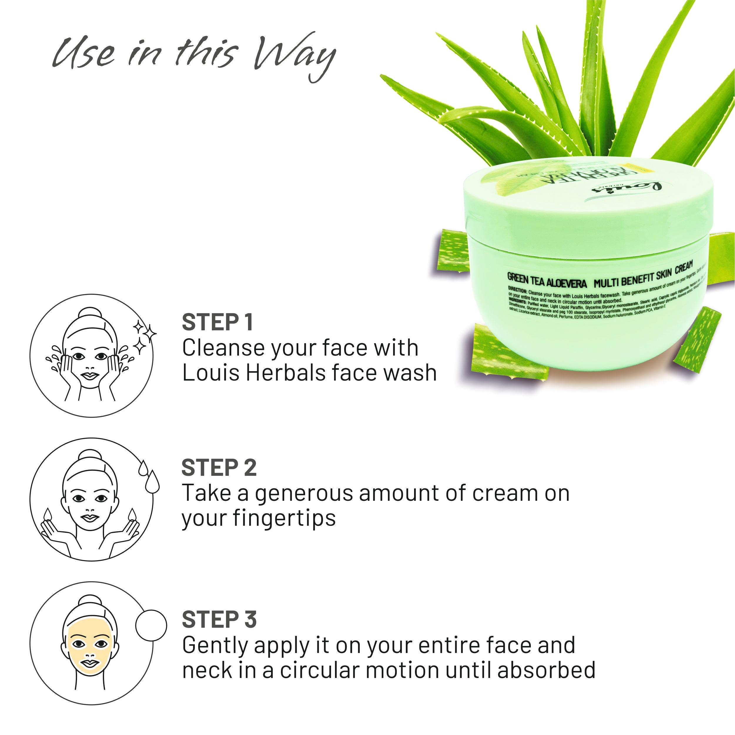 Louis Herbals Green Tea Aloe Vera cream with usage instructions