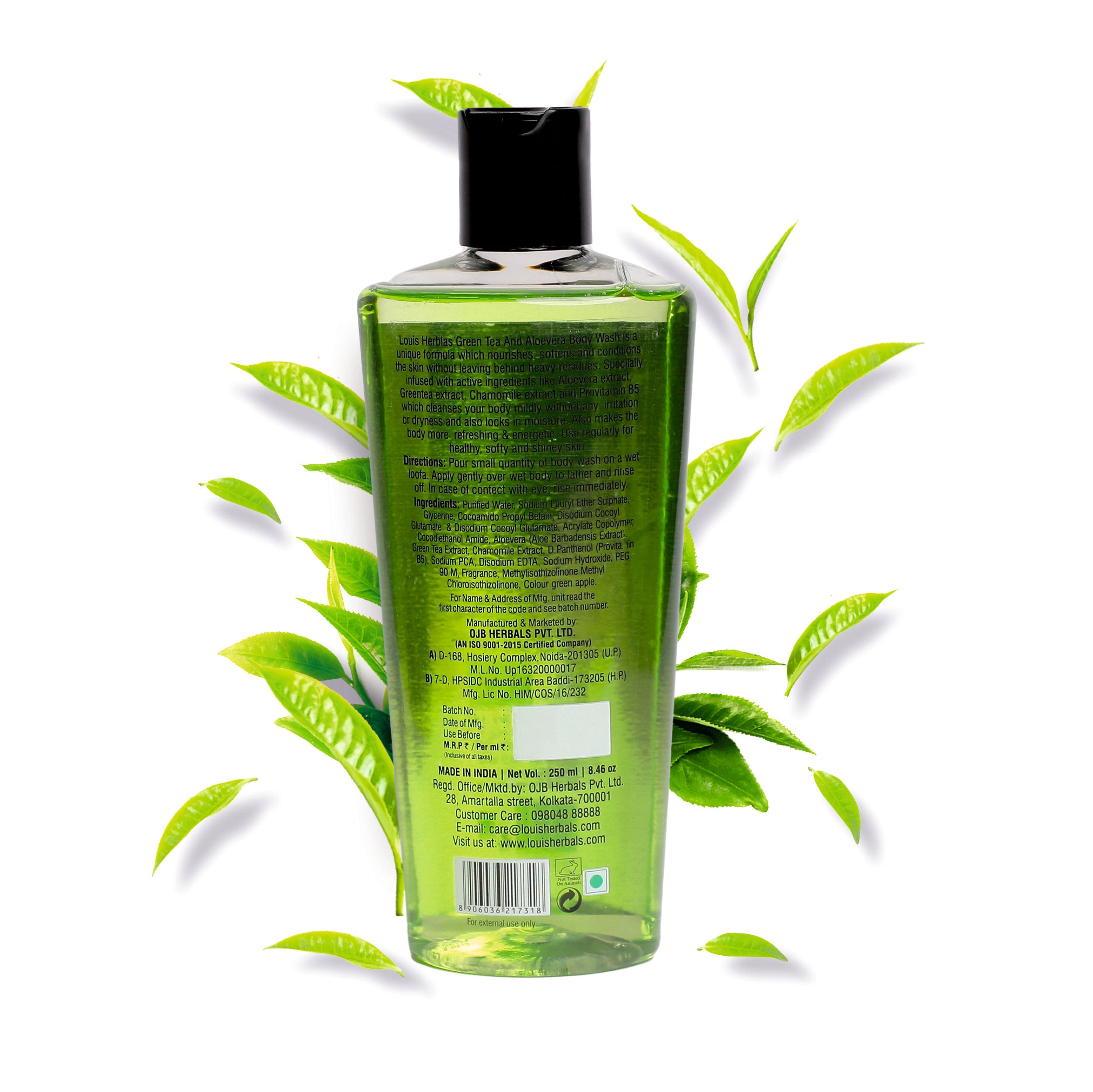 Louis Herbals Green Tea Aloe Vera body wash with chamomile extract and provitamin B5 for gentle cleansing and hydration