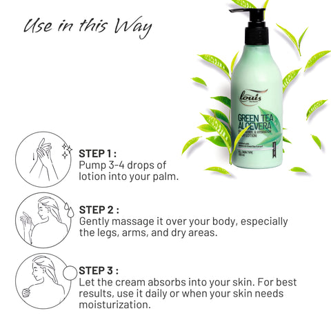 Louis Herbals Green Tea Aloe Vera Oil Control & Hydration Body Lotion application – Applying lotion for oil-free, hydrated skin.