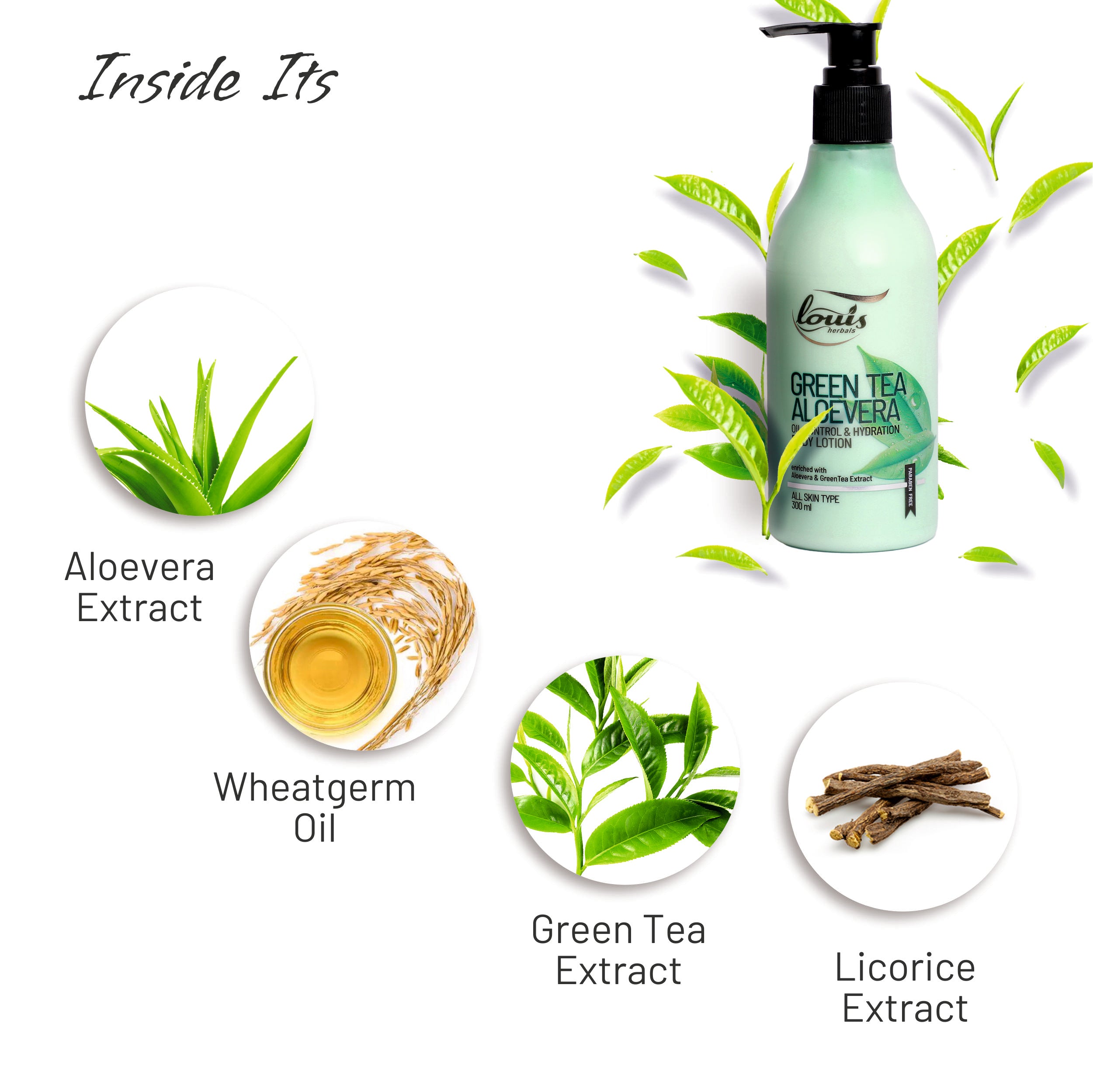 Louis Herbals Green Tea Aloe Vera Oil Control & Hydration Body Lotion ingredients – Enriched with green tea extract, aloe vera, licorice extract, and shea butter. Buy online at best price