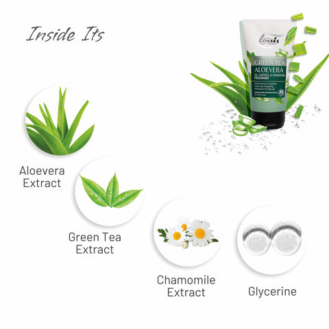 Louis Herbals Green Tea Aloe Vera Oil Control & Hydration Face Wash enriched with green tea extract and aloe vera for excess oil reduction and skin hydration