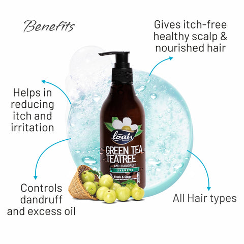 Benefits of using Louis Herbals Green Tea & Tea Tree Anti-Dandruff Shampoo: controls flakes, calms redness, balances scalp and improves hair shine