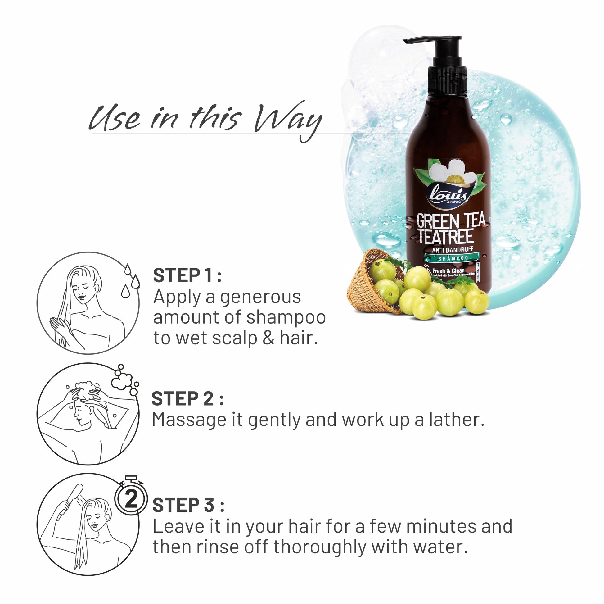 Louis Herbals Green Tea & Tea Tree Anti-Dandruff Shampoo usage instructions how to apply to scalp and hair for optimal dandruff control