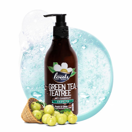Louis Herbals Green Tea & Tea Tree Anti-Dandruff Shampoo with green tea extract and tea tree oil for itchy flaky scalp