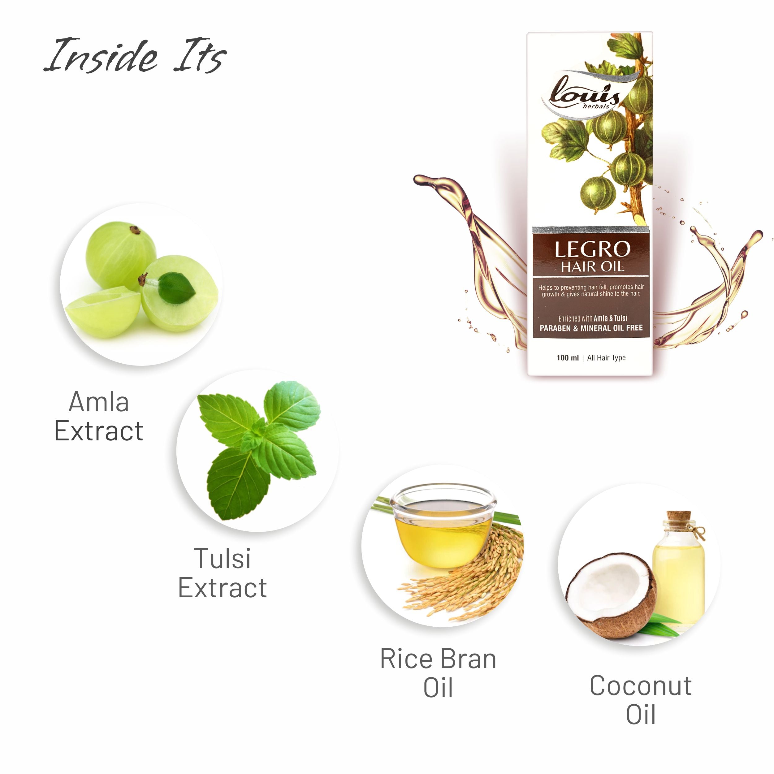 Legro Hair Oil ingredients like Amla, Tulsi, Rice Bran, and Coconut Oil
