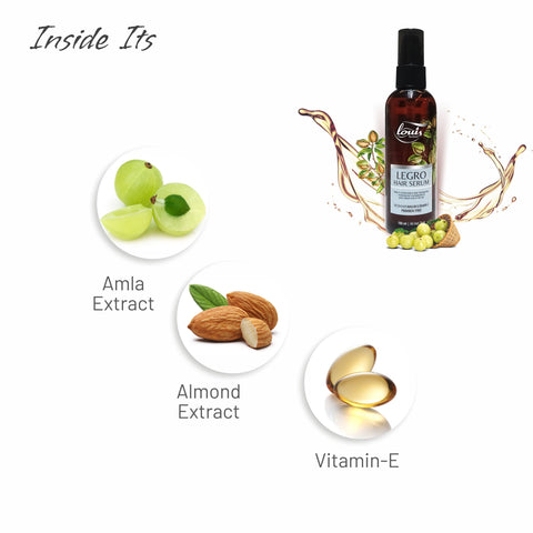 Legro Hair Serum with ingredients like Amla Extract, Almond Extract, and Vitamin-E
