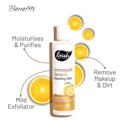 Benefits of using Louis Herbals Lemonpeel Turmeric Cleansing Milk: detoxifies pores, removes makeup, brightens skin and improves elasticity
