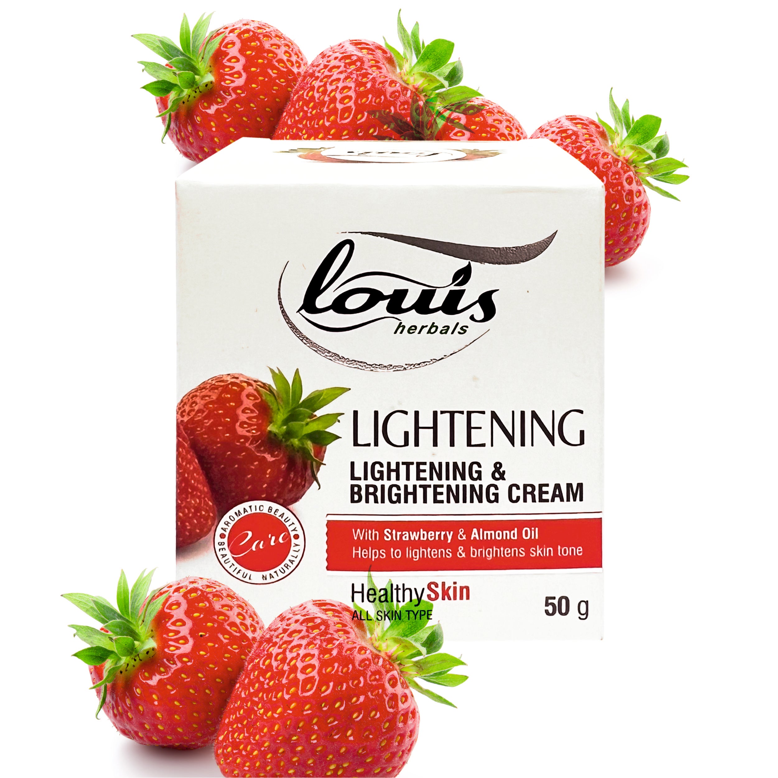 Louis Herbals Lightening & Brightening Cream with strawberry, licorice, aloe vera, and pea extracts for fairer, hydrated skin