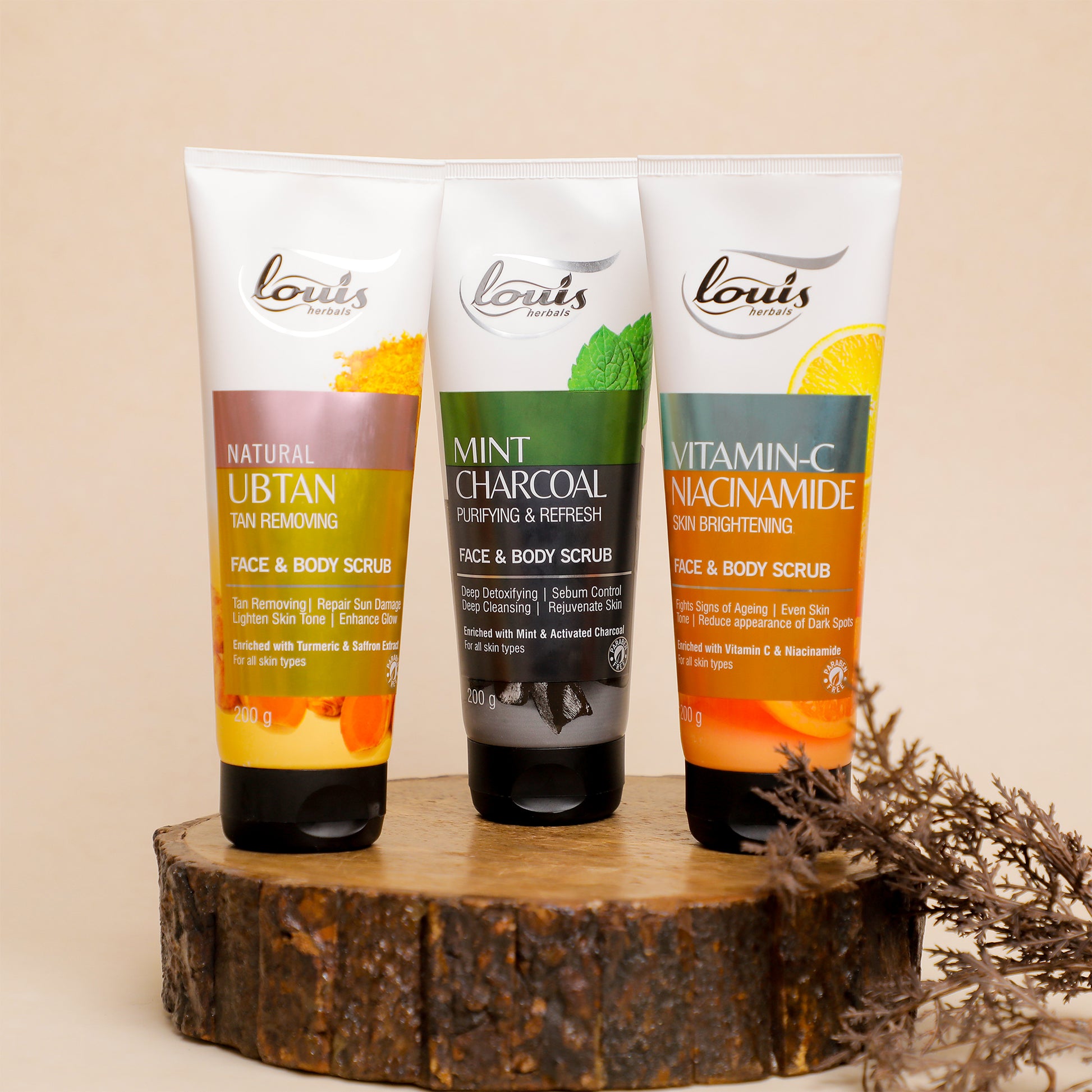 Louis Herbals Body Scrub Combo – Mint Charcoal, Vitamin C Niacinamide & Natural Ubtan Exfoliating Face & Body Scrub