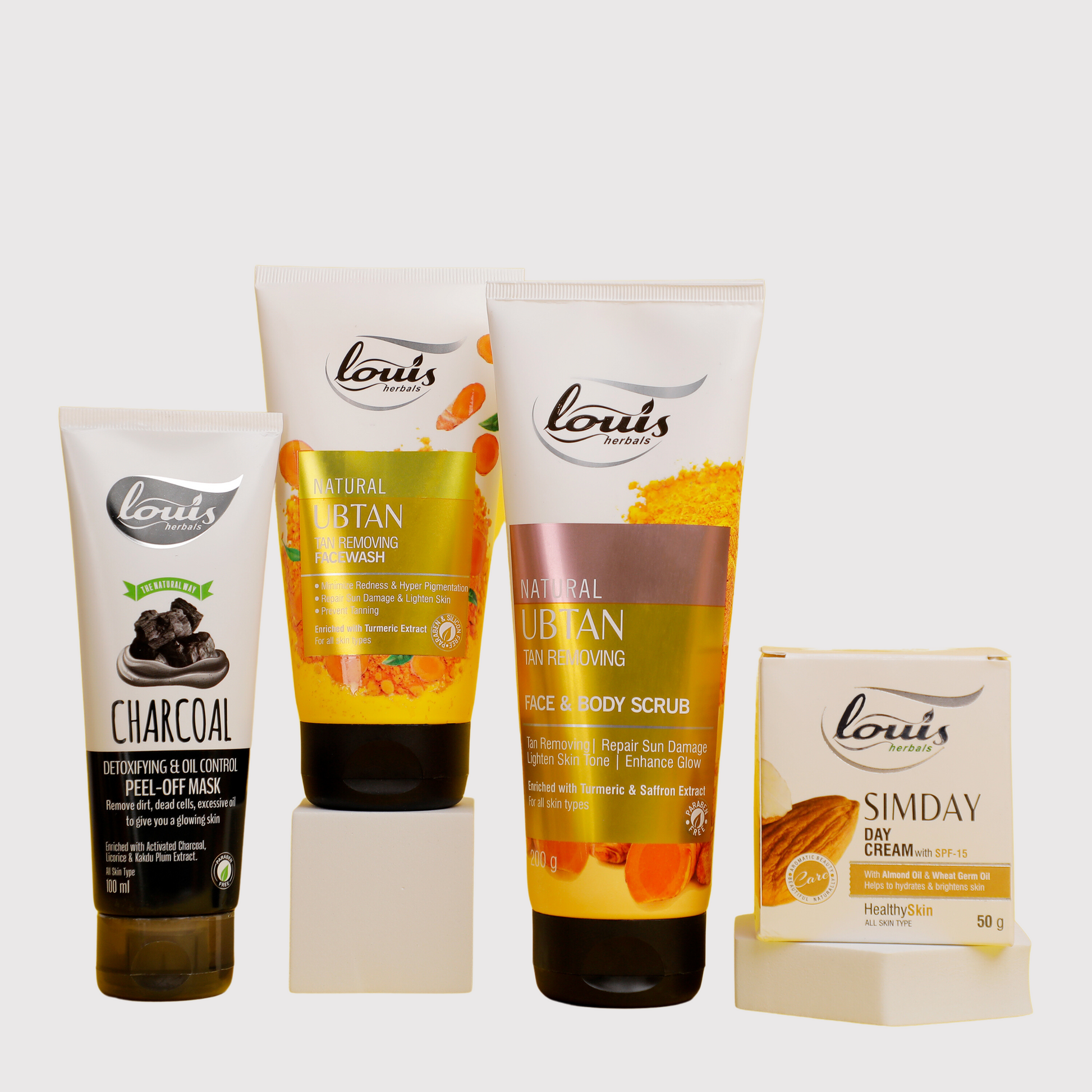 Louis Herbals Anti Tan Care Combo for De-tan. Natural Ubtan Tan Removing Facewash, Ubtan Tan Removing Scrub, Day Cream & Charcoal Detox Peel-off Mask