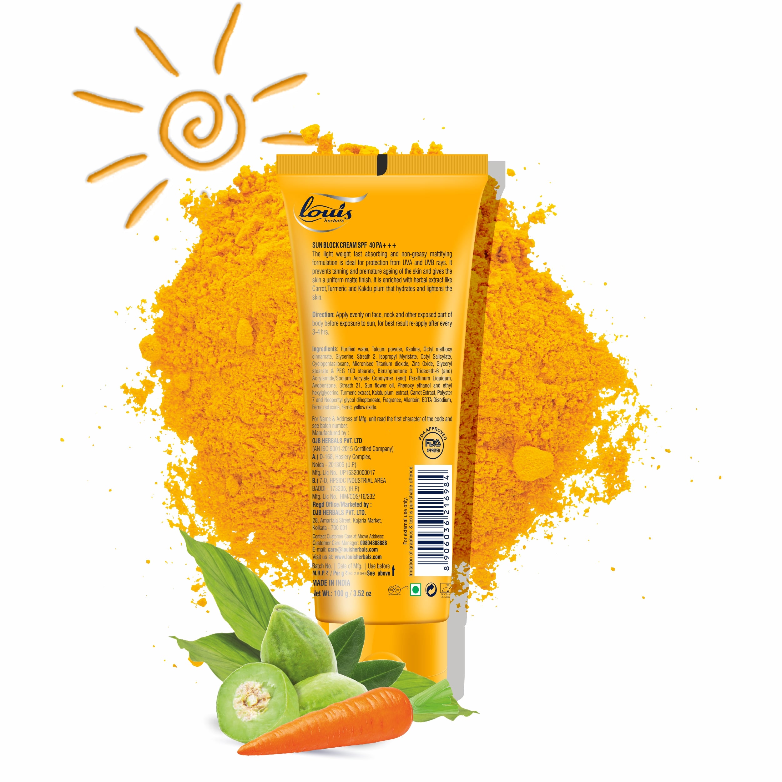 Louis Herbals Sun Block Cream SPF 40 packaging showcasing product details and certifications