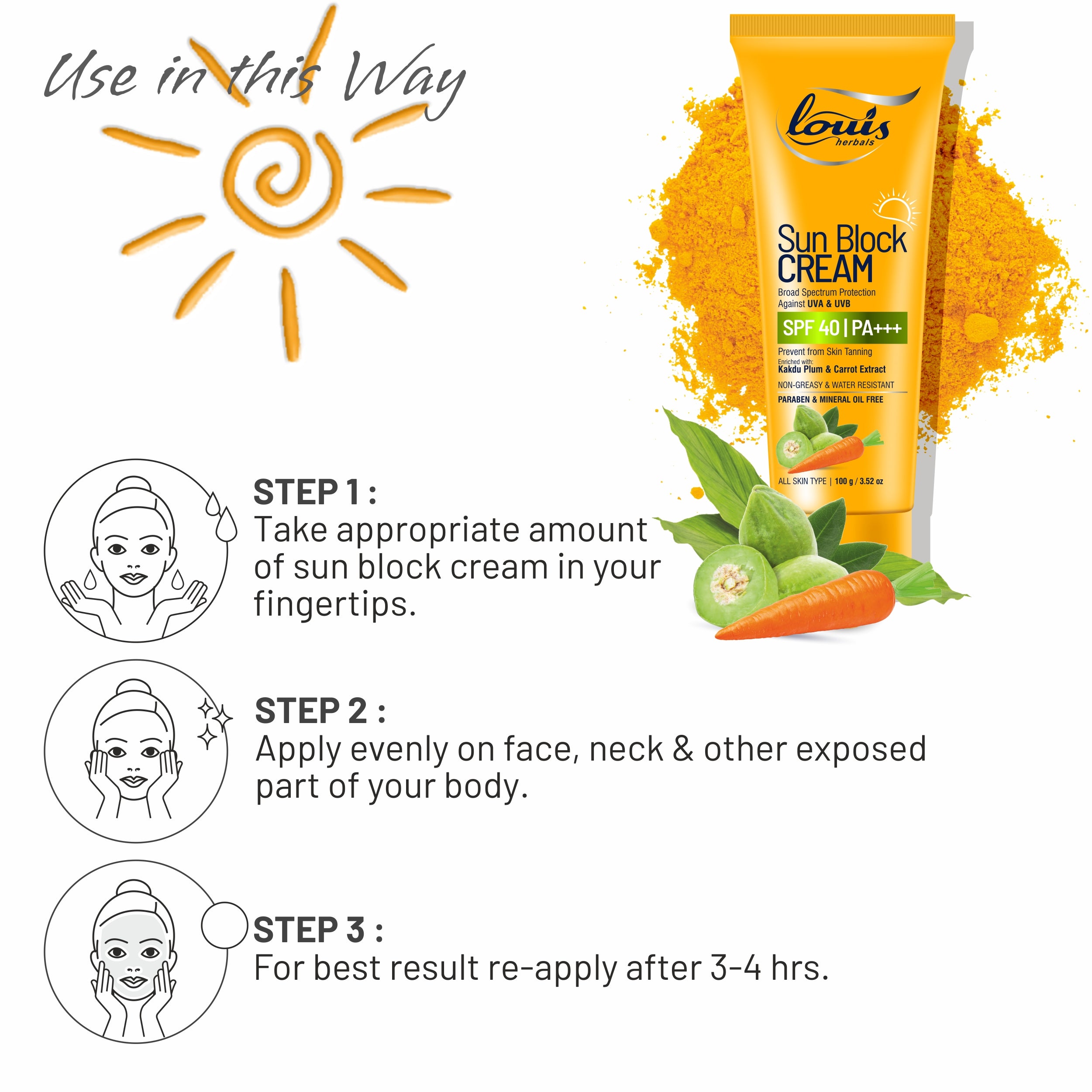 Louis Herbals Sun Block Cream SPF 40 step-by-step application guide for effective sun protection