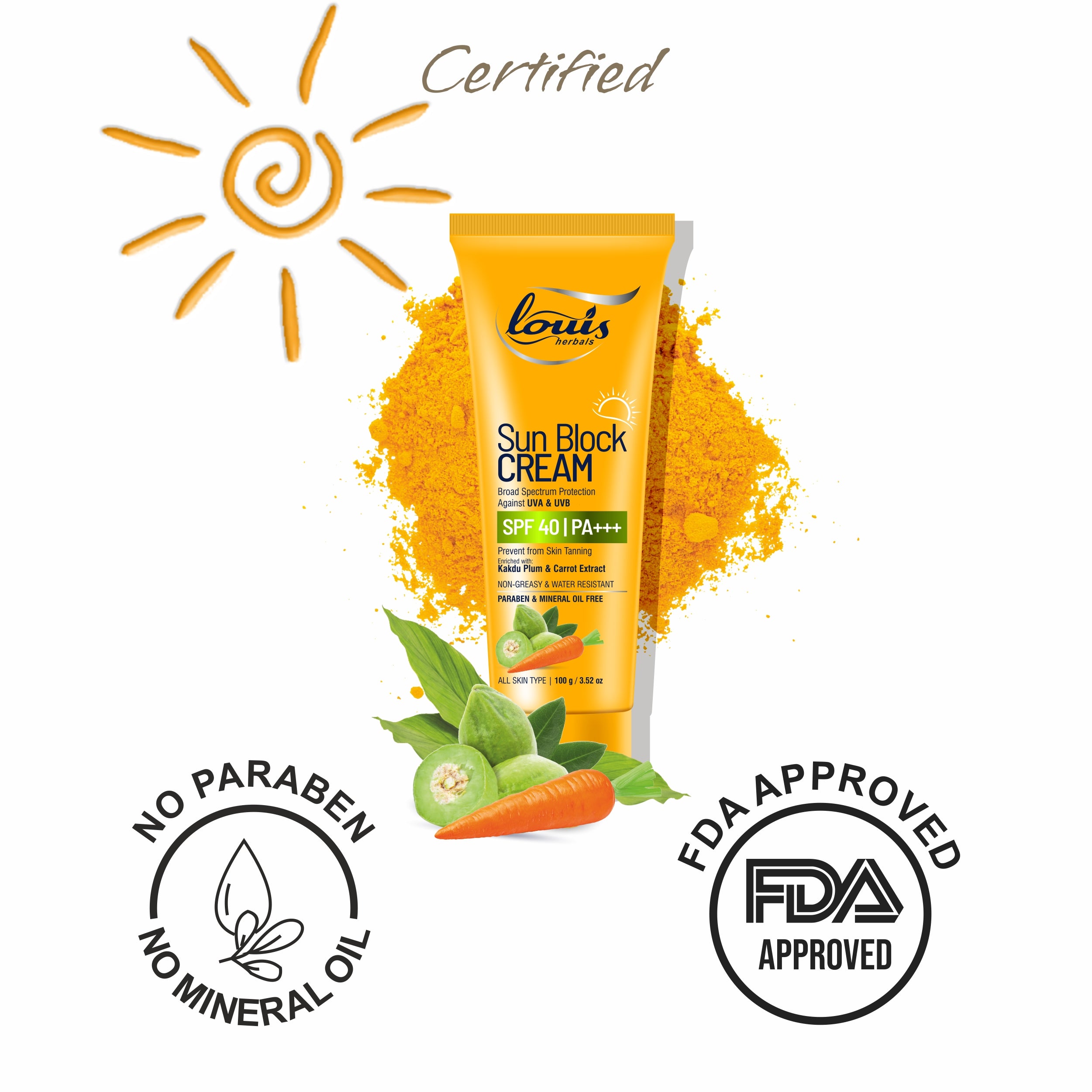 Louis Herbals Sun Block Cream SPF 40 packaging showcasing product details and certifications