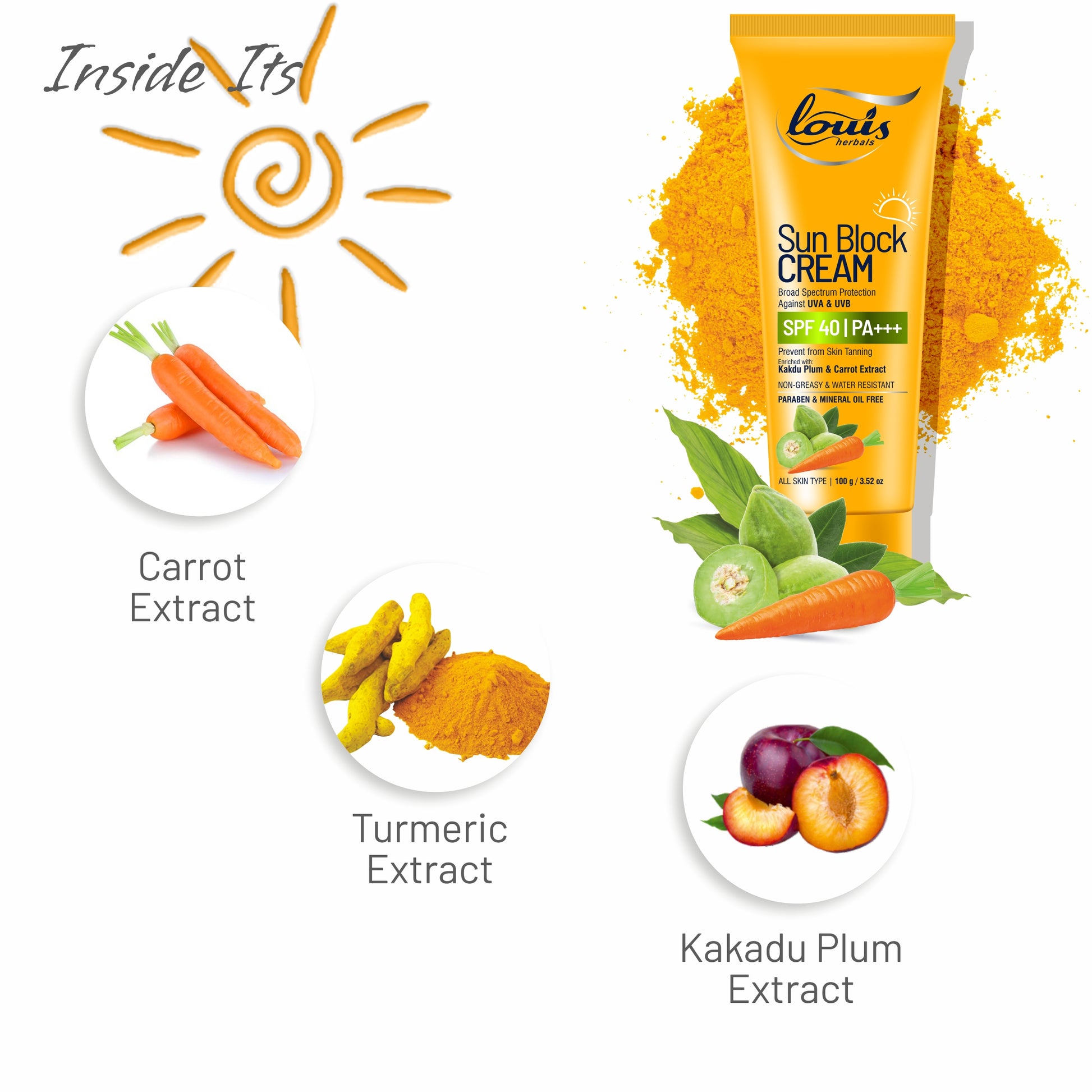 Louis Herbals Sun Block Cream SPF 40 enriched with carrot, turmeric, and Kakadu plum extracts