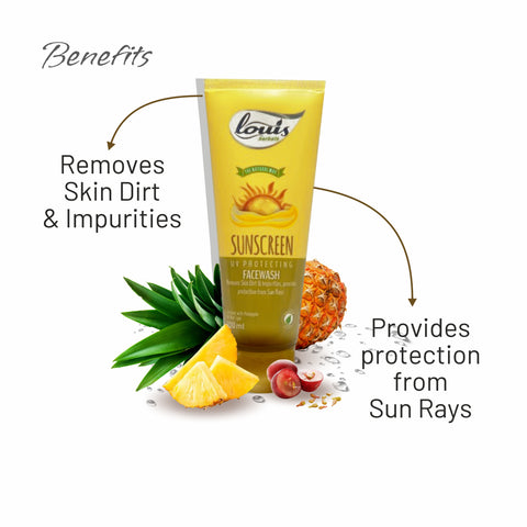 Benefits of Louis Herbals Sunscreen Facewash showing UV protection, tan removal, and skin hydration