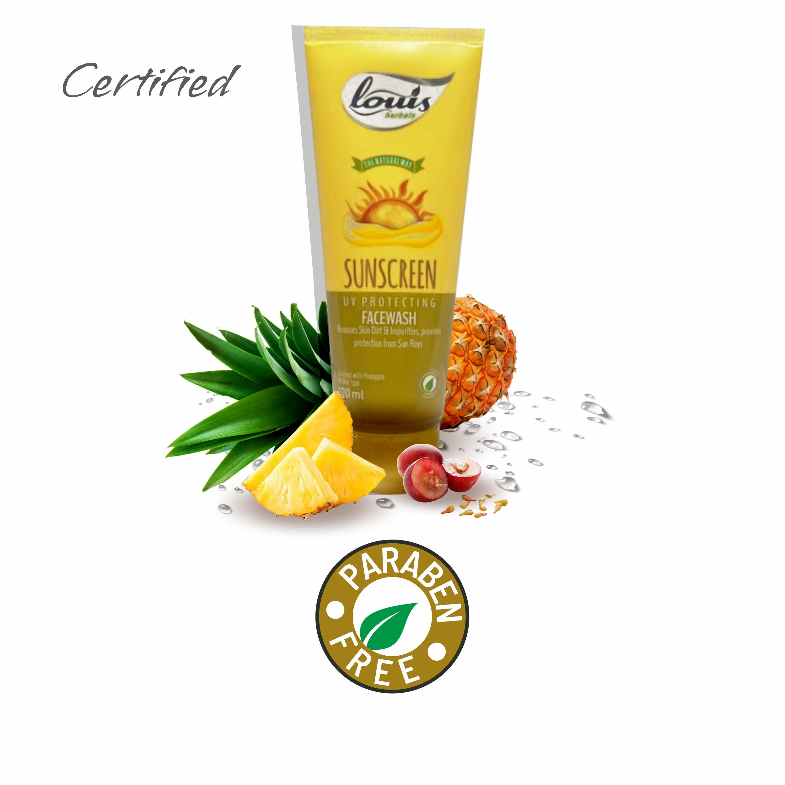 Louis Herbals Sunscreen Facewash certifications showing cruelty-free, paraben-free, made with natural ingredients